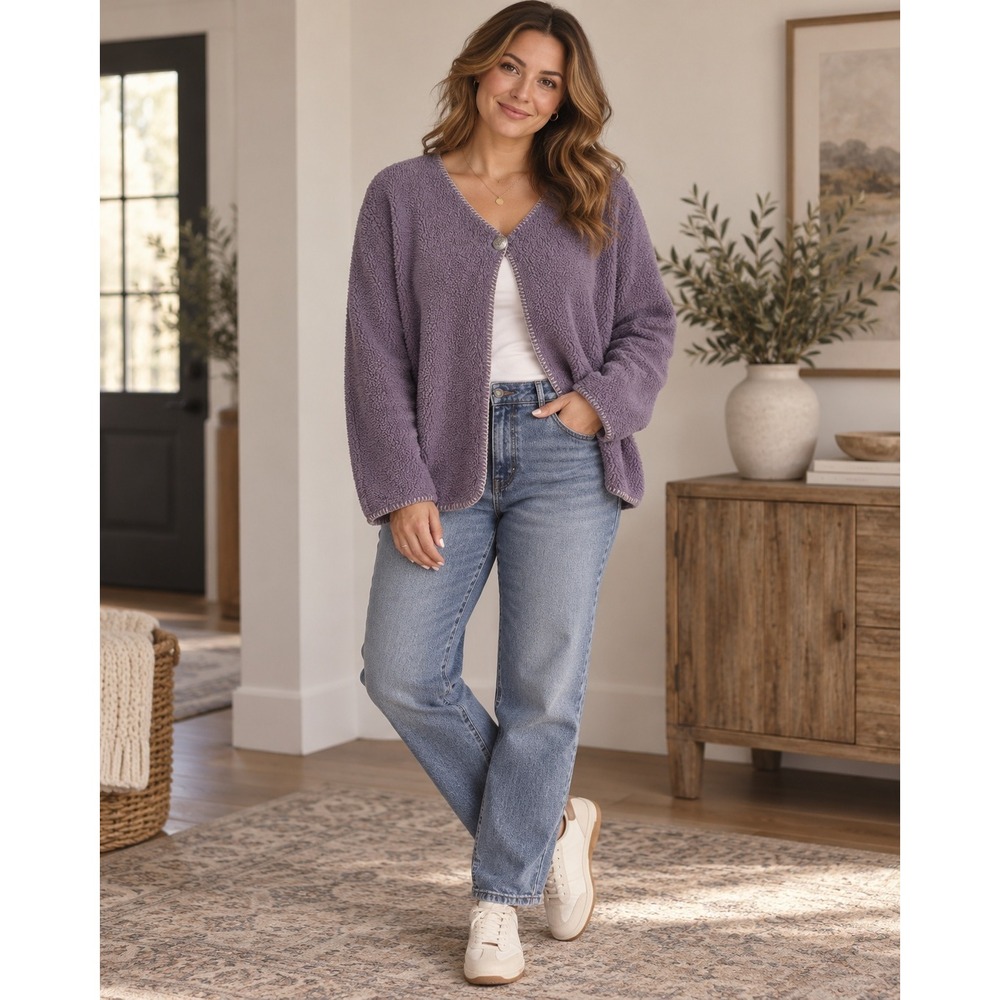 Coldwater Creek Fleece Cardigan Women XL Purple Sherpa Boxy Whipstitch Vintage
